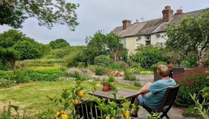 A person sat on a garden chair in a garden, with lemons in the foreground.