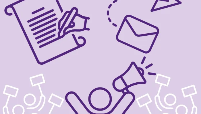 A person with a megaphone and symbols for signing petition and sending email