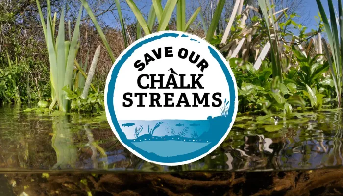 A logo that reads 'Save our chalk streams' in front of an image of a river up close.