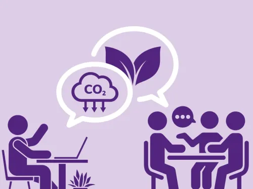 A person on a laptop speaking about carbon reduction and a group of people at a table talking about nature